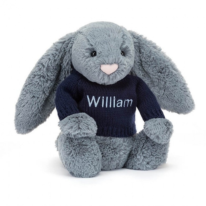 Jellycat Bashful Dusky Blue Bunny with Personalised Navy Jumper Medium | VCBYF5879