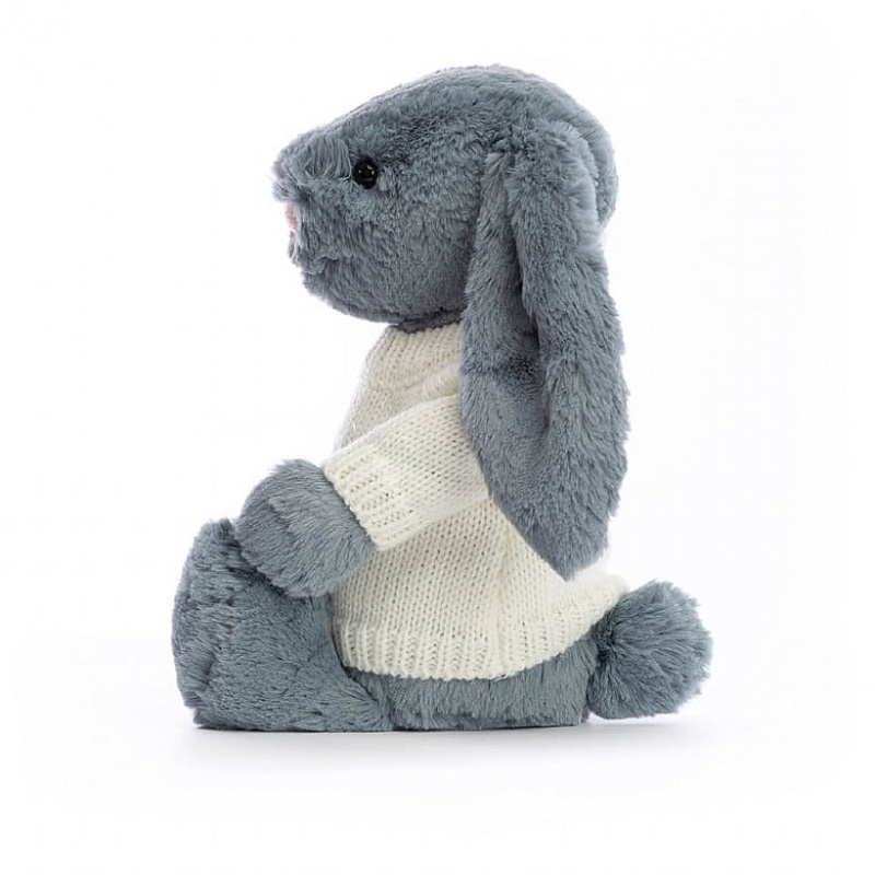 Jellycat Bashful Dusky Blue Bunny with Personalised Cream Jumper Medium | MUFGN9783