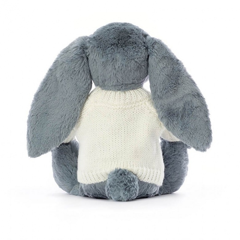 Jellycat Bashful Dusky Blue Bunny with Personalised Cream Jumper Medium | MUFGN9783