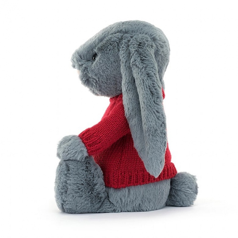 Jellycat Bashful Dusky Blue Bunny with Personalised Red Jumper Medium | FXMVG9760