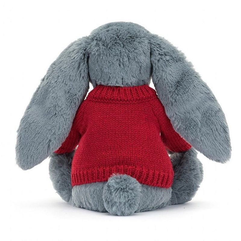 Jellycat Bashful Dusky Blue Bunny with Personalised Red Jumper Medium | FXMVG9760