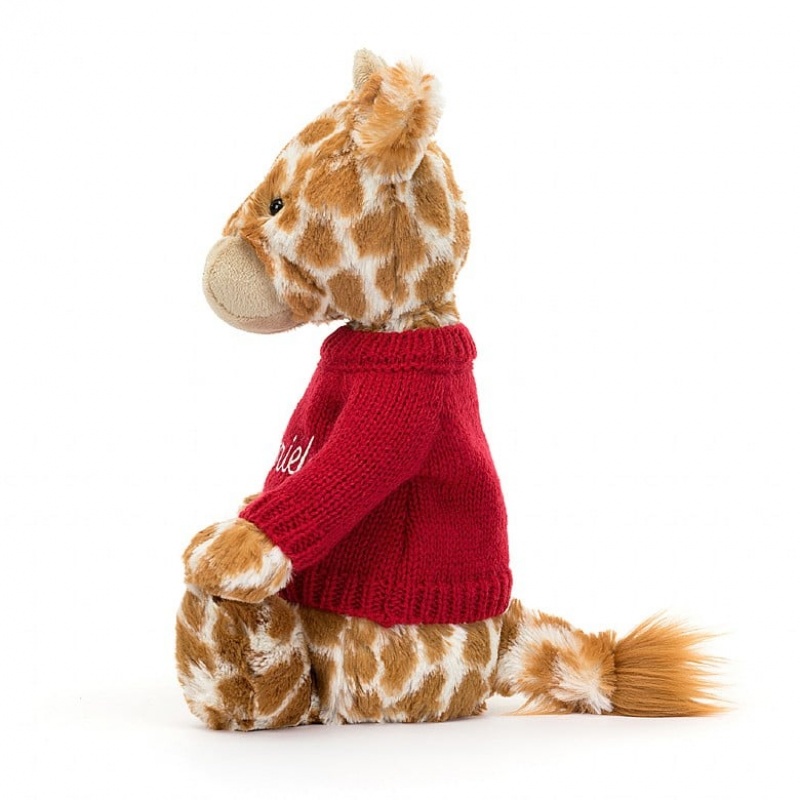 Jellycat Bashful Giraffe with Personalised Red Jumper Medium | BNMED5324