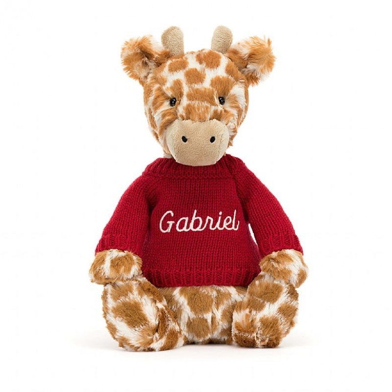 Jellycat Bashful Giraffe with Personalised Red Jumper Medium | BNMED5324