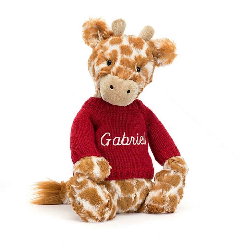 Jellycat Bashful Giraffe with Personalised Red Jumper Medium | BNMED5324