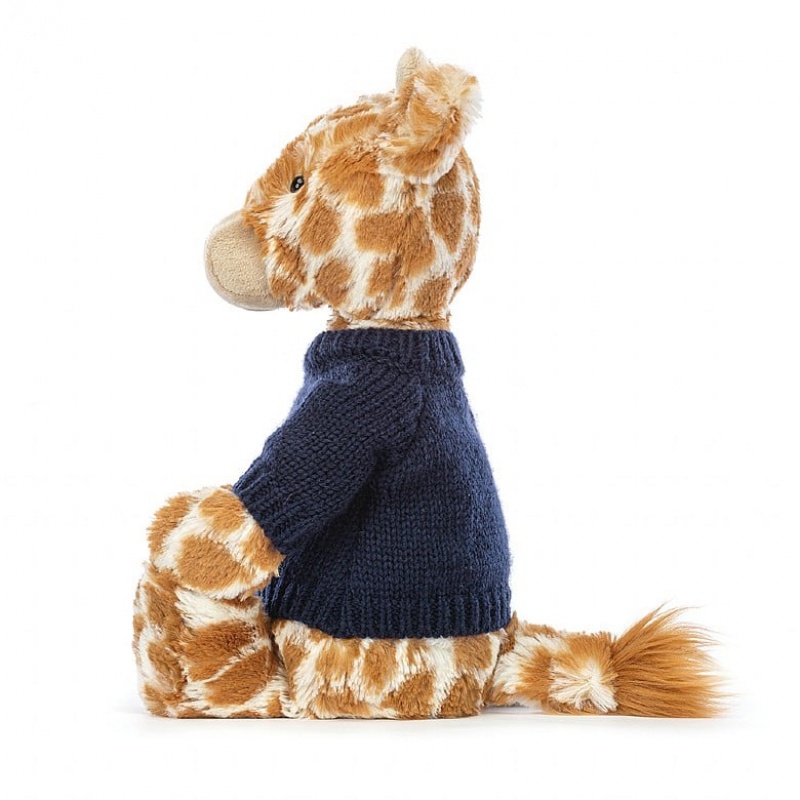 Jellycat Bashful Giraffe with Personalised Navy Jumper Medium | AOPNL0794