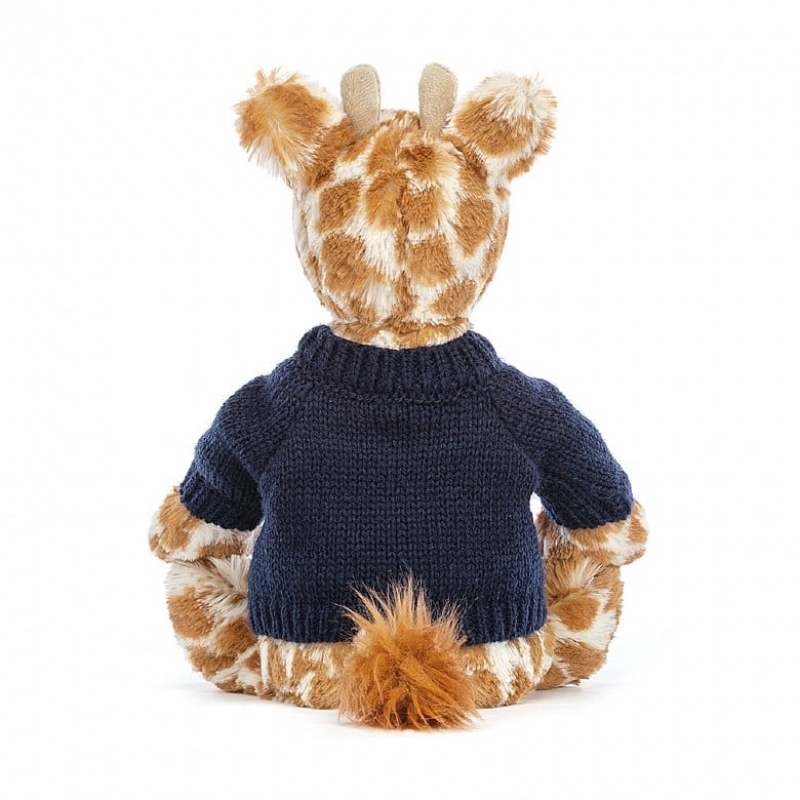 Jellycat Bashful Giraffe with Personalised Navy Jumper Medium | AOPNL0794