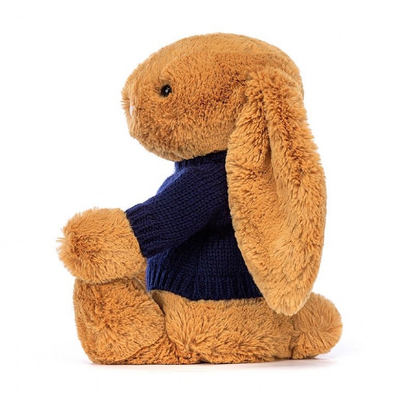 Jellycat Bashful Golden Bunny with Personalised Navy Jumper Medium | OXEDU0417