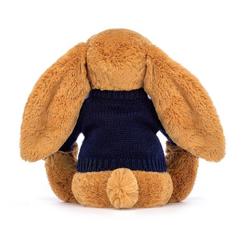 Jellycat Bashful Golden Bunny with Personalised Navy Jumper Medium | OXEDU0417