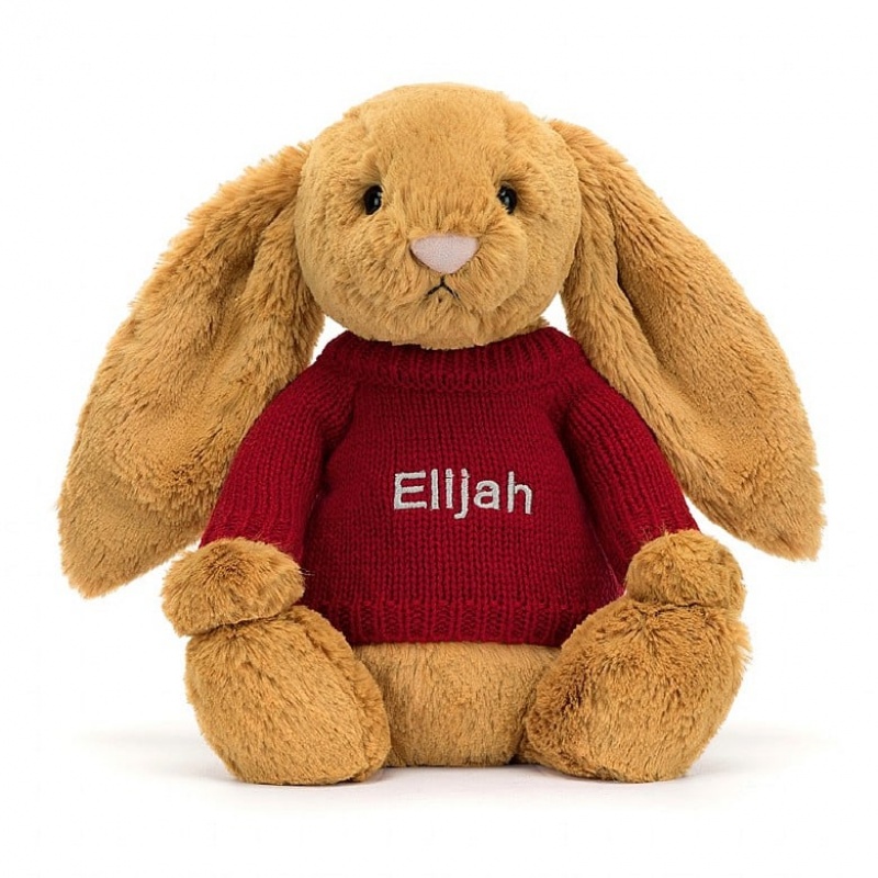 Jellycat Bashful Golden Bunny with Personalised Red Jumper Medium | KMPCX8029