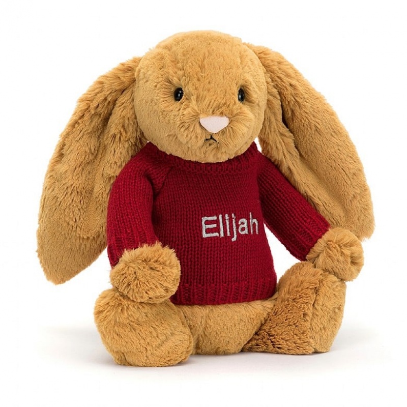 Jellycat Bashful Golden Bunny with Personalised Red Jumper Medium | KMPCX8029