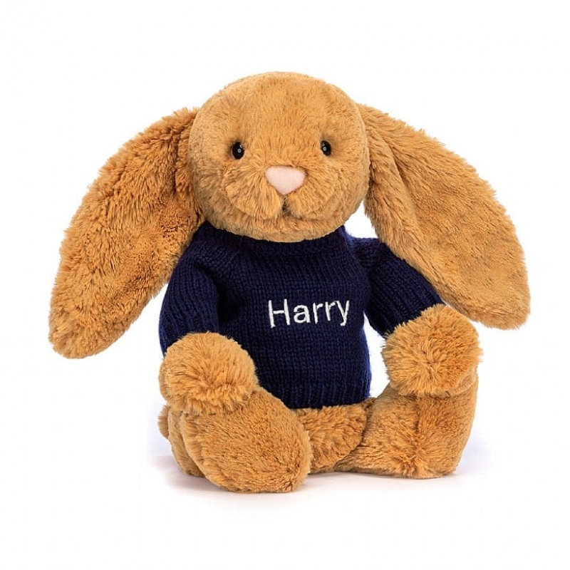 Jellycat Bashful Golden Bunny with Personalised Navy Jumper Medium | MKLUV1368