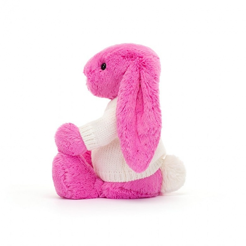 Jellycat Bashful Hot Pink Bunny with Personalised Cream Jumper Medium | CFLGV8796