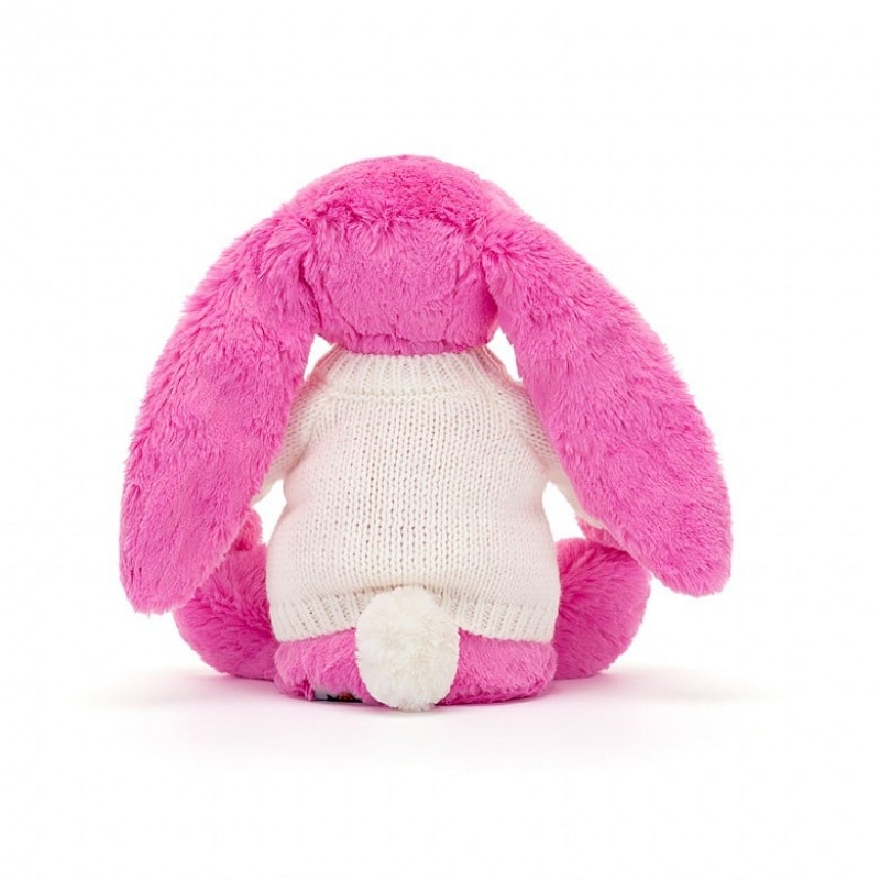 Jellycat Bashful Hot Pink Bunny with Personalised Cream Jumper Medium | CFLGV8796