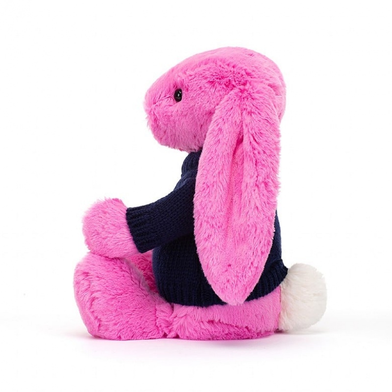 Jellycat Bashful Hot Pink Bunny with Personalised Navy Jumper Medium | IGLKM5893