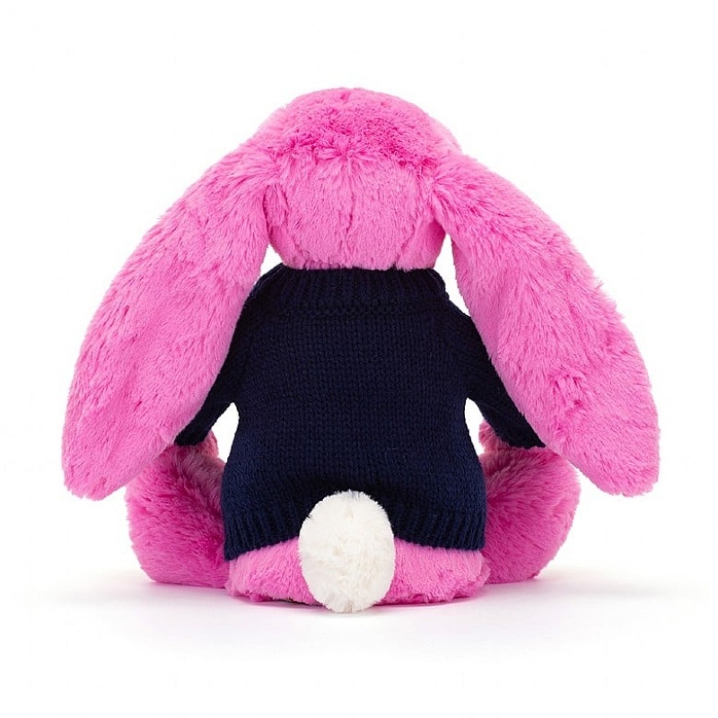 Jellycat Bashful Hot Pink Bunny with Personalised Navy Jumper Medium | IGLKM5893