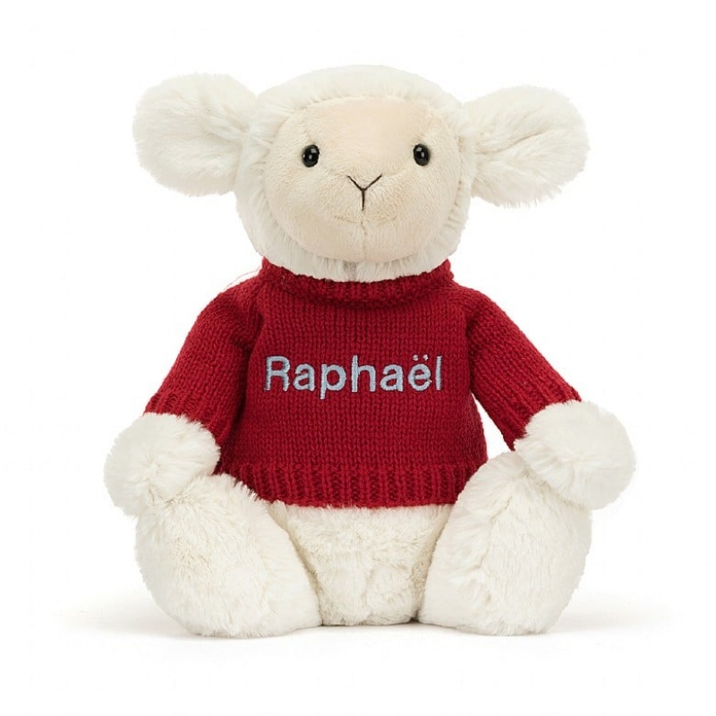 Jellycat Bashful Lamb with Personalied Red Jumper Medium | NODZC6903