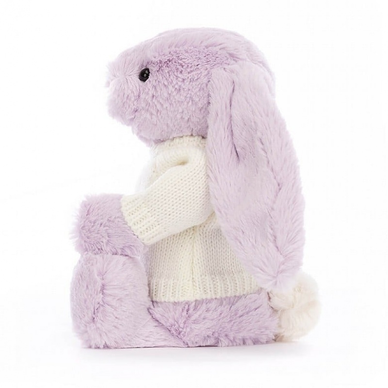 Jellycat Bashful Lilac Bunny with Personalised Cream Jumper Medium | QYFMO0954