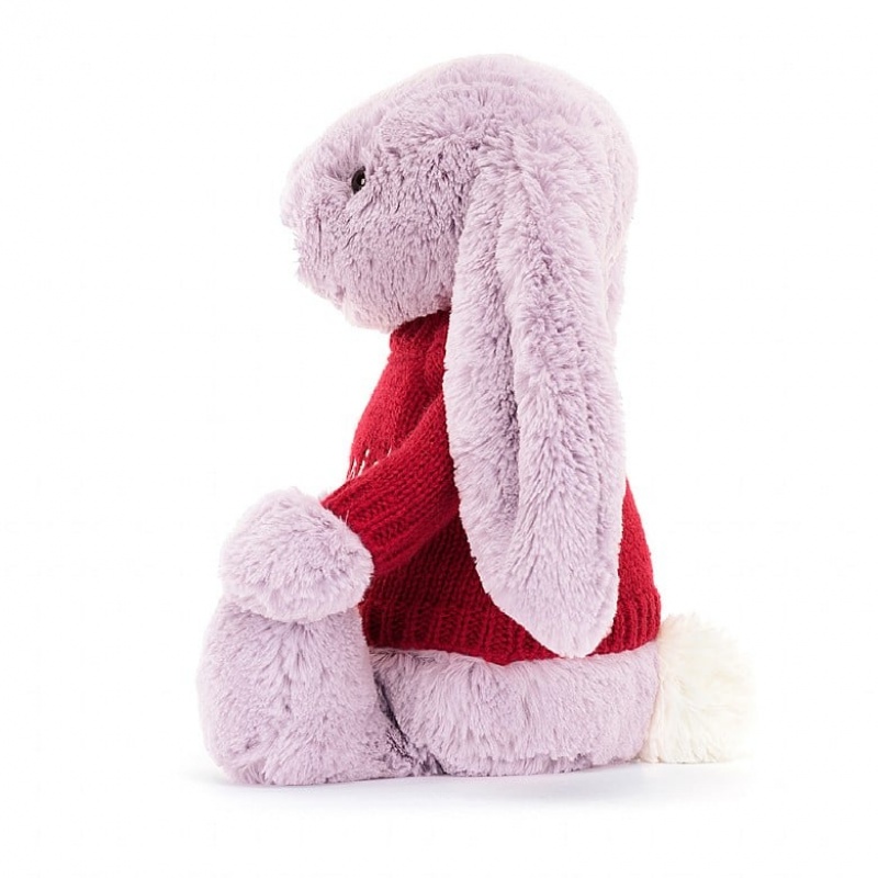 Jellycat Bashful Lilac Bunny with Personalised Red Jumper Medium | ZKMOP6405