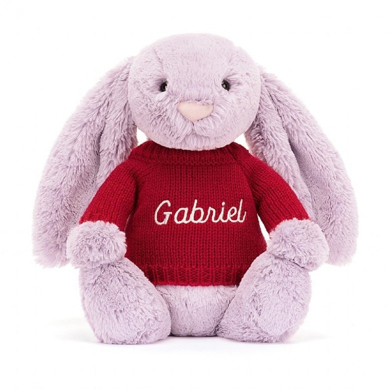 Jellycat Bashful Lilac Bunny with Personalised Red Jumper Medium | ZKMOP6405