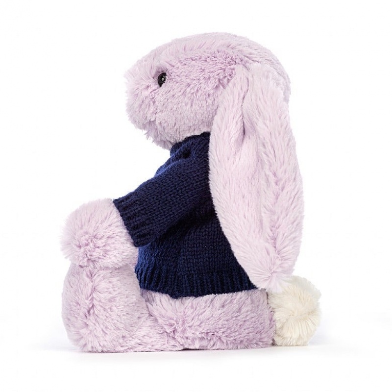 Jellycat Bashful Lilac Bunny with Personalised Navy Jumper Medium | LTXAV9108