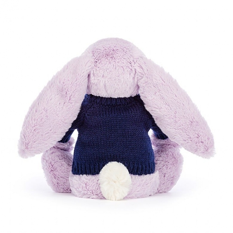 Jellycat Bashful Lilac Bunny with Personalised Navy Jumper Medium | LTXAV9108