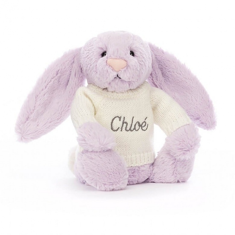 Jellycat Bashful Lilac Bunny with Personalised Cream Jumper Medium | AJTMV4378