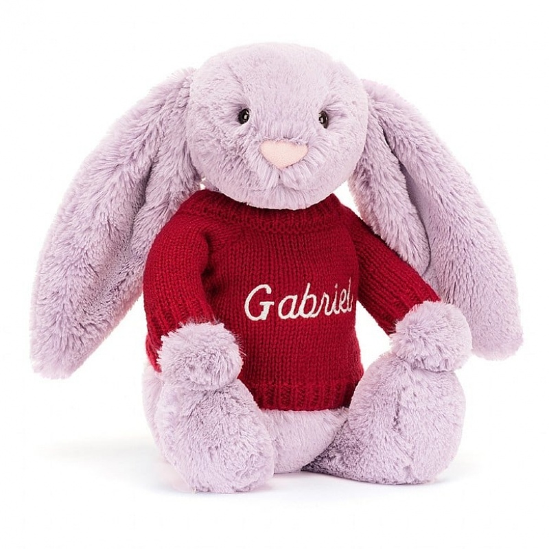 Jellycat Bashful Lilac Bunny with Personalised Red Jumper Medium | XSMRY2049