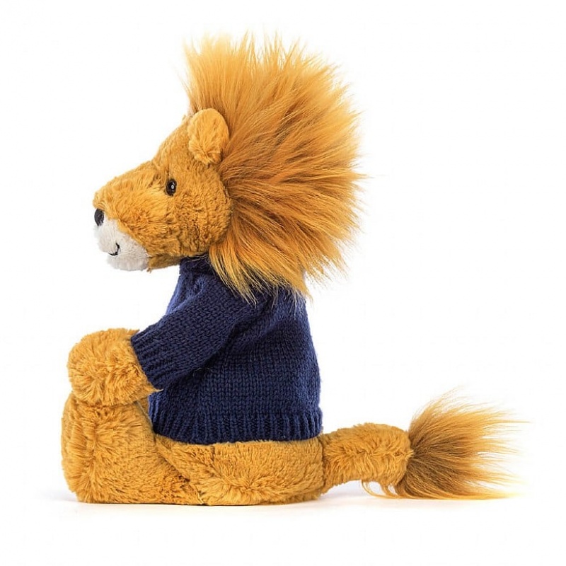 Jellycat Bashful Lion with Personalised Navy Jumper Medium | FMGQW7540