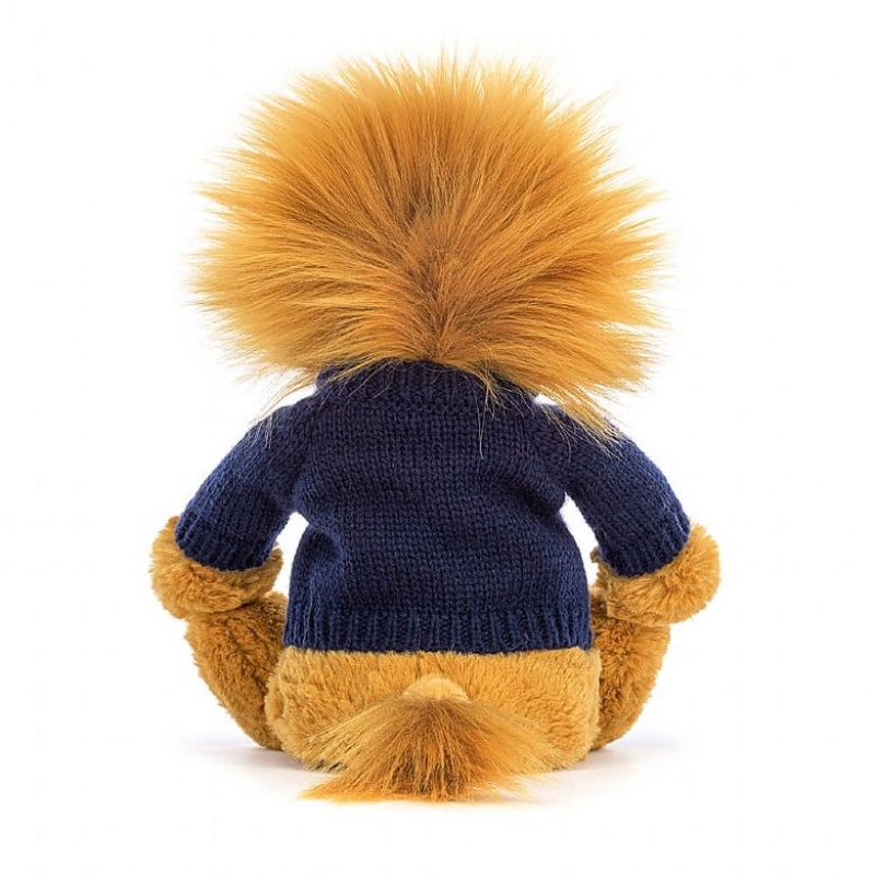 Jellycat Bashful Lion with Personalised Navy Jumper Medium | FMGQW7540