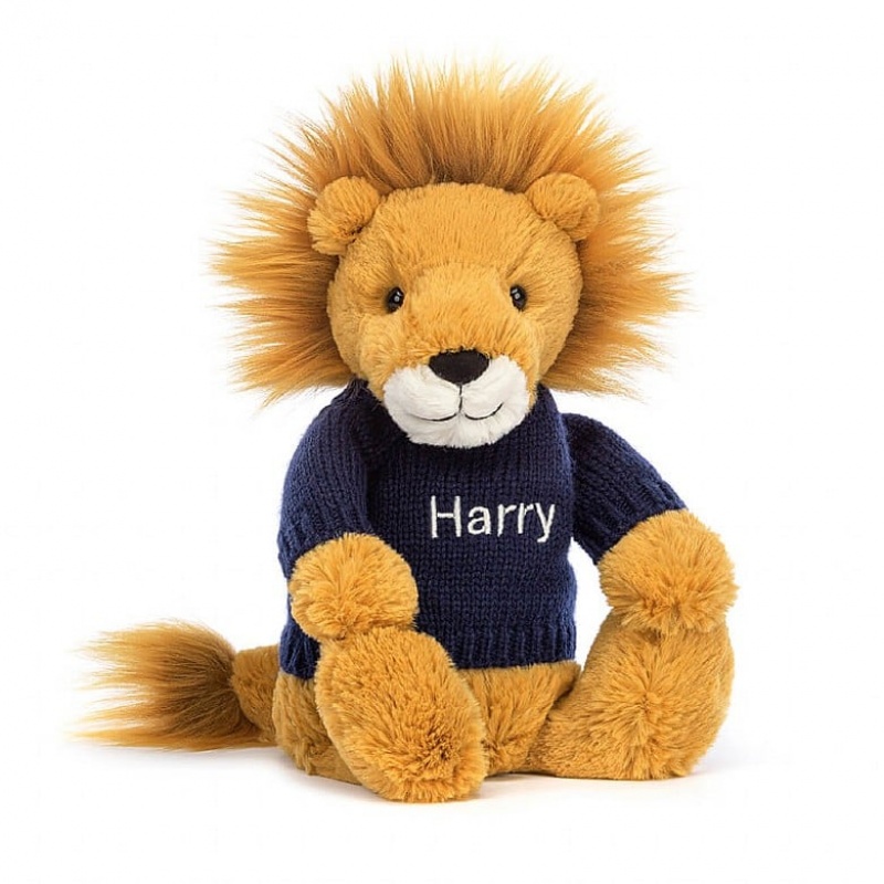 Jellycat Bashful Lion with Personalised Navy Jumper Medium | FMGQW7540