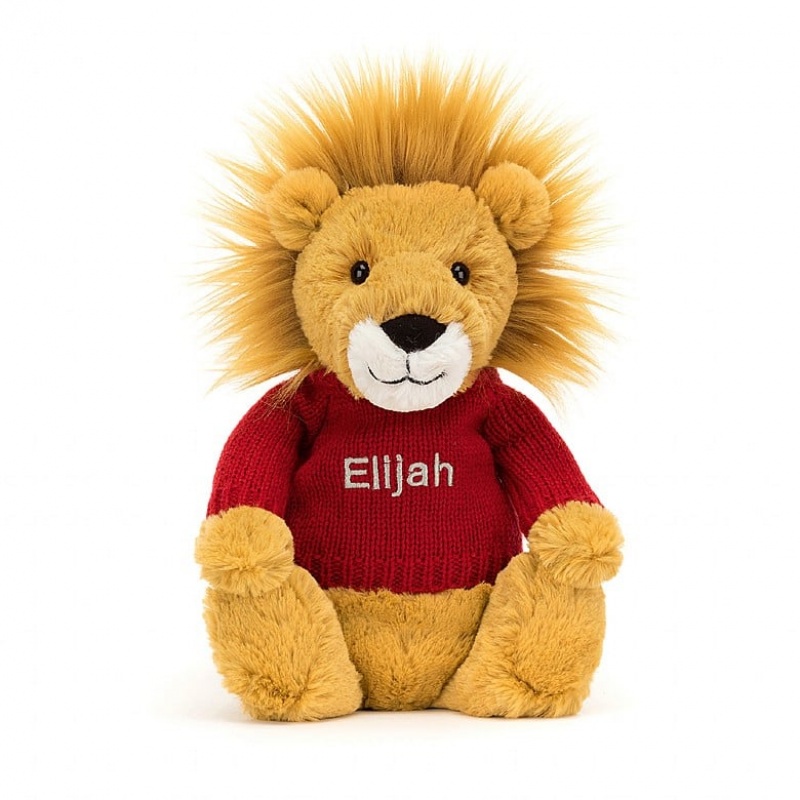 Jellycat Bashful Lion with Personalised Red Jumper Medium | GNVRI6923