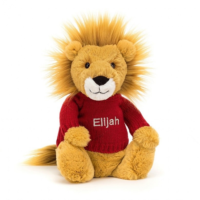 Jellycat Bashful Lion with Personalised Red Jumper Medium | GNVRI6923