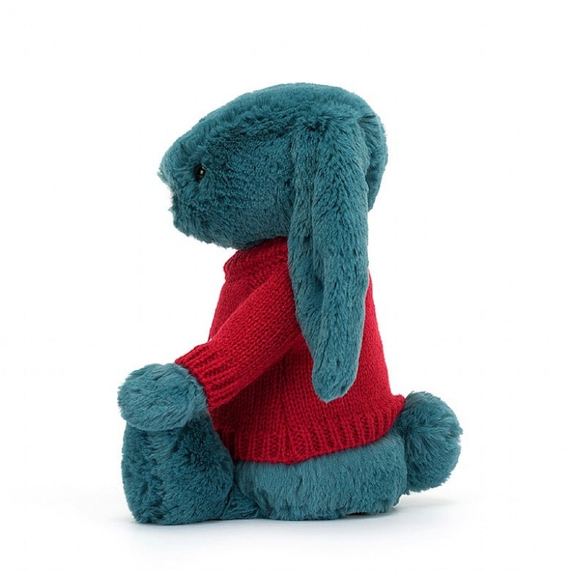 Jellycat Bashful Mineral Blue Bunny with Personalised Red Jumper Medium | RWBKJ4807