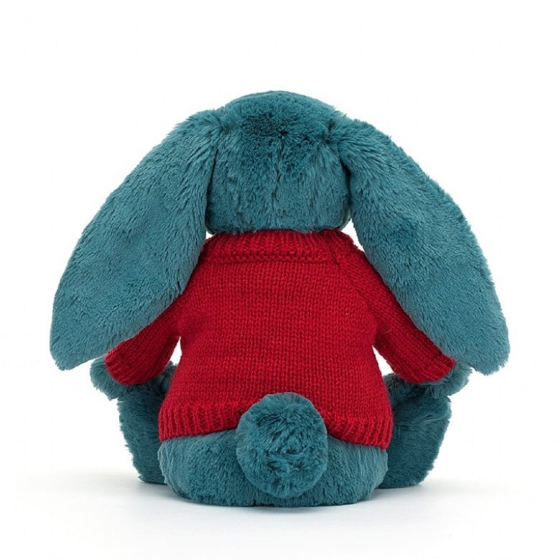 Jellycat Bashful Mineral Blue Bunny with Personalised Red Jumper Medium | RWBKJ4807