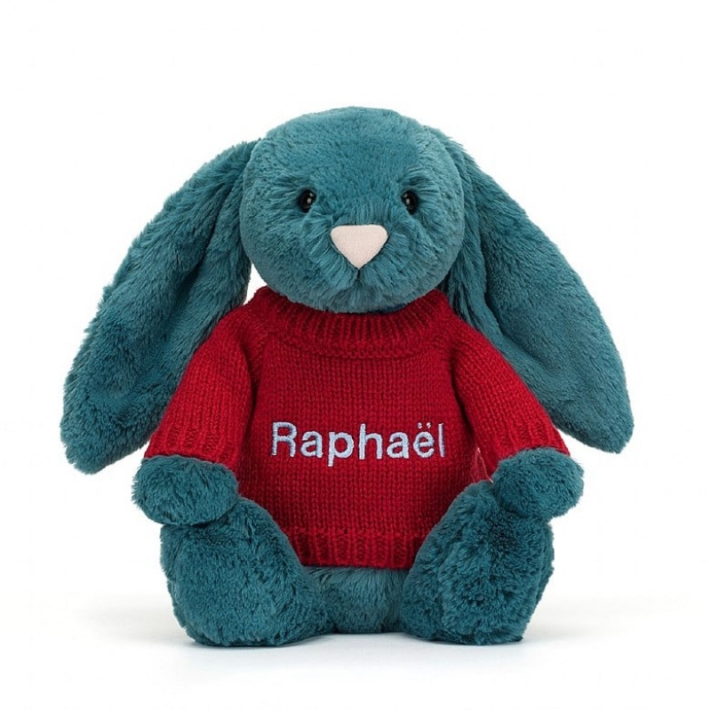 Jellycat Bashful Mineral Blue Bunny with Personalised Red Jumper Medium | RWBKJ4807