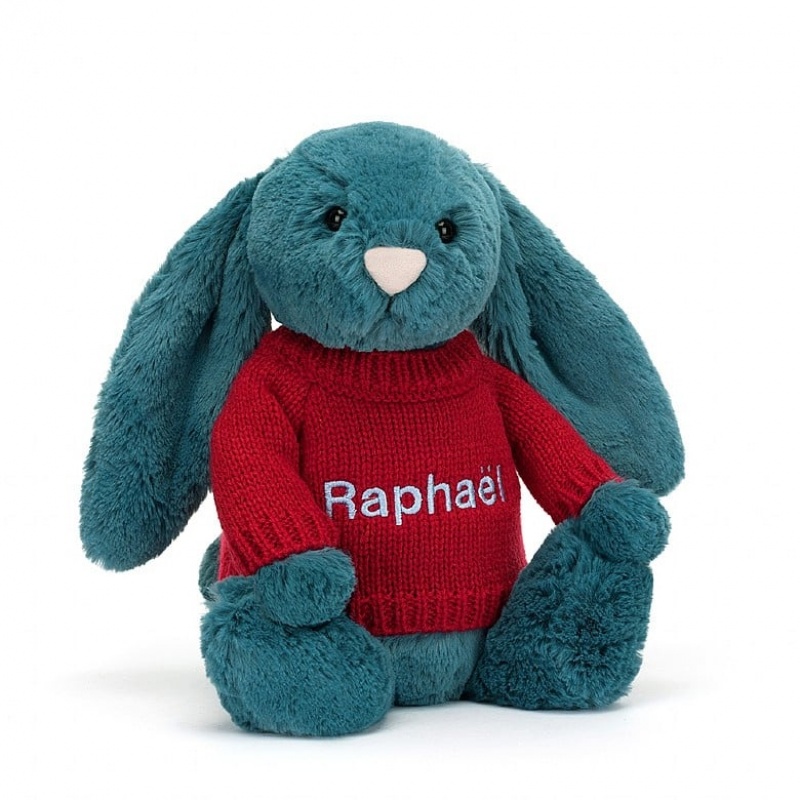 Jellycat Bashful Mineral Blue Bunny with Personalised Red Jumper Medium | RWBKJ4807