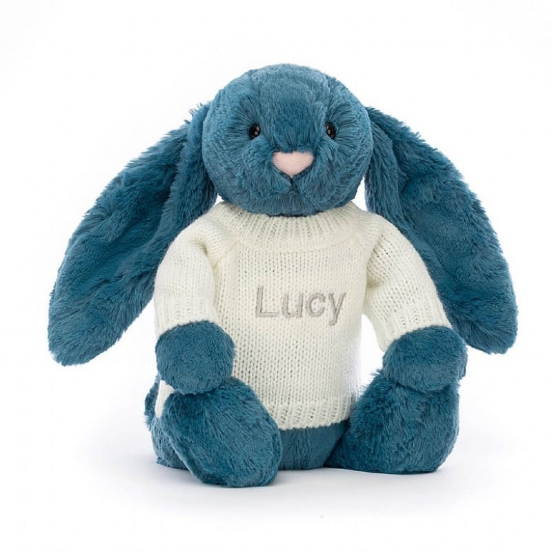 Jellycat Bashful Mineral Blue Bunny with Personalised Cream Jumper Medium | PHOLN2603