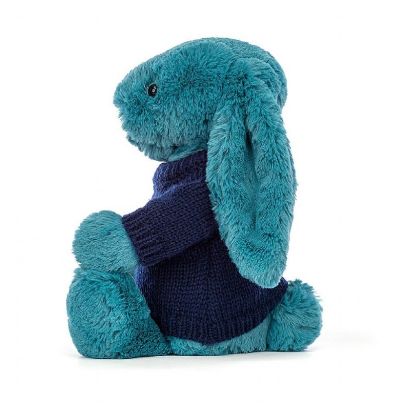 Jellycat Bashful Mineral Blue Bunny with Personalised Navy Jumper Medium | ETZWV0581