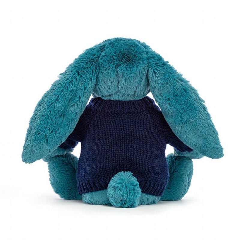 Jellycat Bashful Mineral Blue Bunny with Personalised Navy Jumper Medium | ETZWV0581