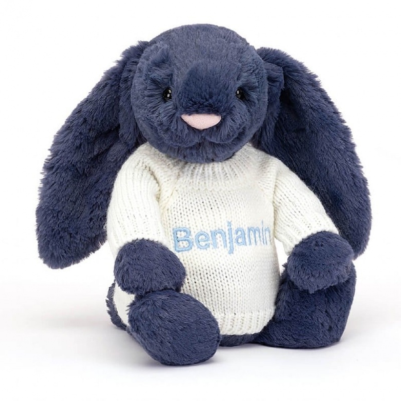 Jellycat Bashful Navy Bunny with Personalised Cream Jumper Medium | QXBWI7396