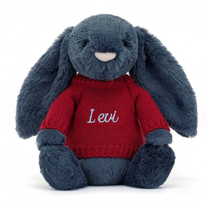 Jellycat Bashful Navy Bunny with Personalised Red Jumper Medium | QYBXK5304