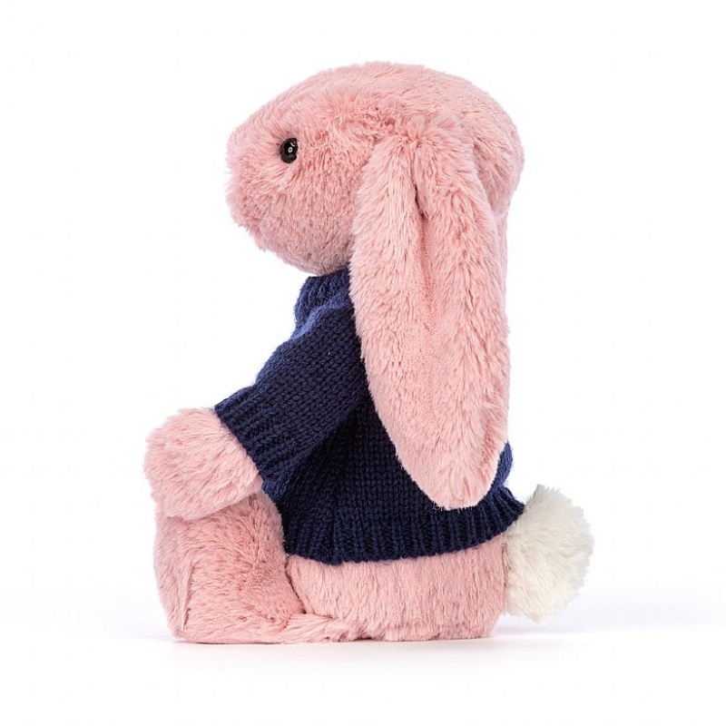 Jellycat Bashful Petal Bunny with Personalised Navy Jumper Medium | ZYLMD9046