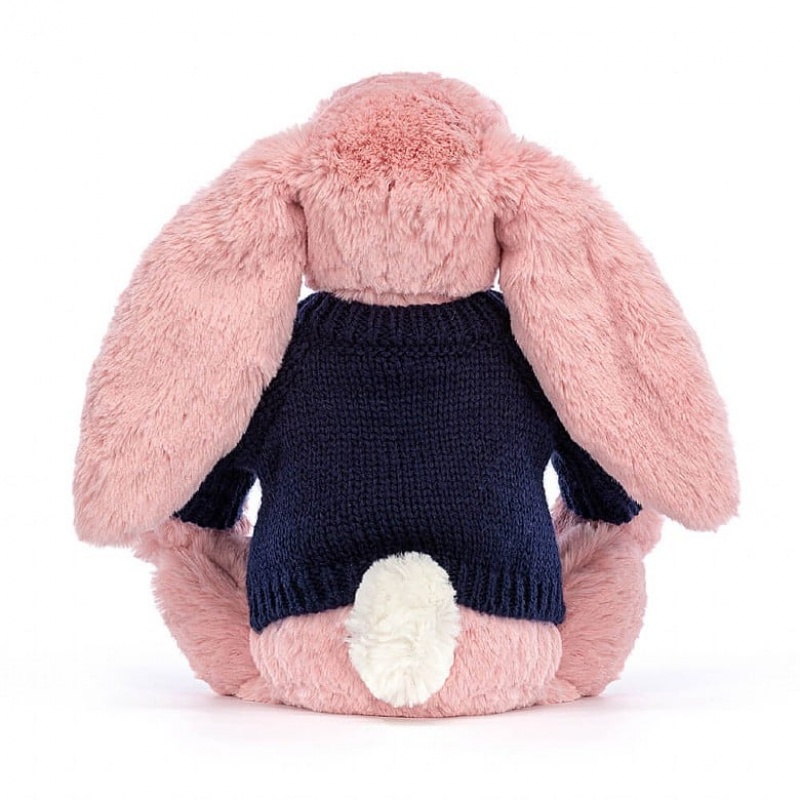 Jellycat Bashful Petal Bunny with Personalised Navy Jumper Medium | ZYLMD9046