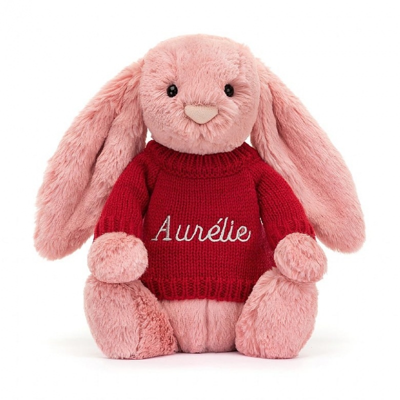 Jellycat Bashful Petal Bunny with Personalised Red Jumper Medium | LYNEA9261