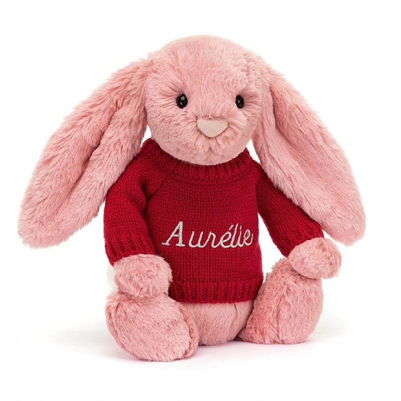 Jellycat Bashful Petal Bunny with Personalised Red Jumper Medium | LYNEA9261