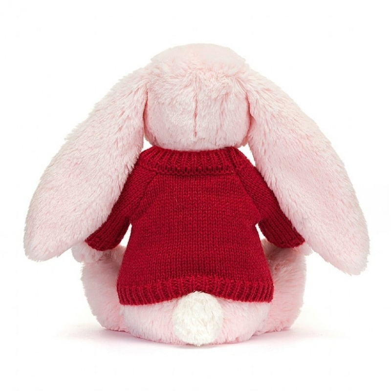 Jellycat Bashful Pink Bunny with Personalised Red Jumper Medium | PIRQN6014