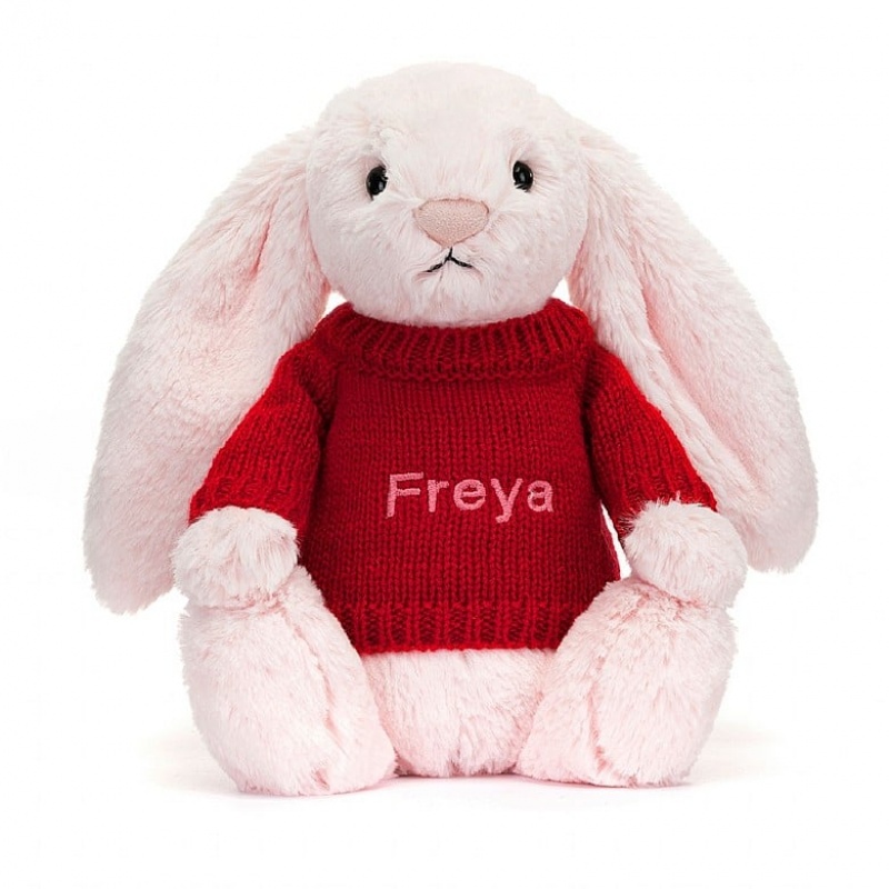 Jellycat Bashful Pink Bunny with Personalised Red Jumper Medium | PIRQN6014