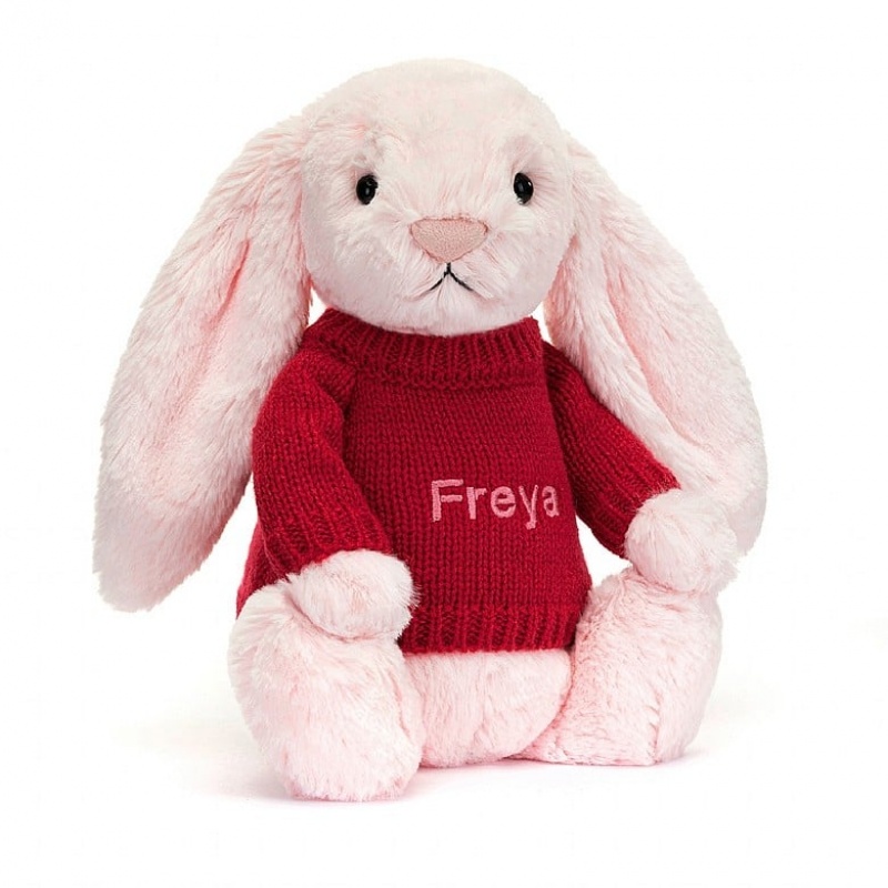 Jellycat Bashful Pink Bunny with Personalised Red Jumper Medium | PIRQN6014