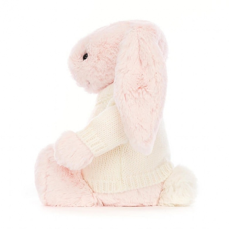 Jellycat Bashful Pink Bunny with Personalised Cream Jumper Medium | QYUJG2605