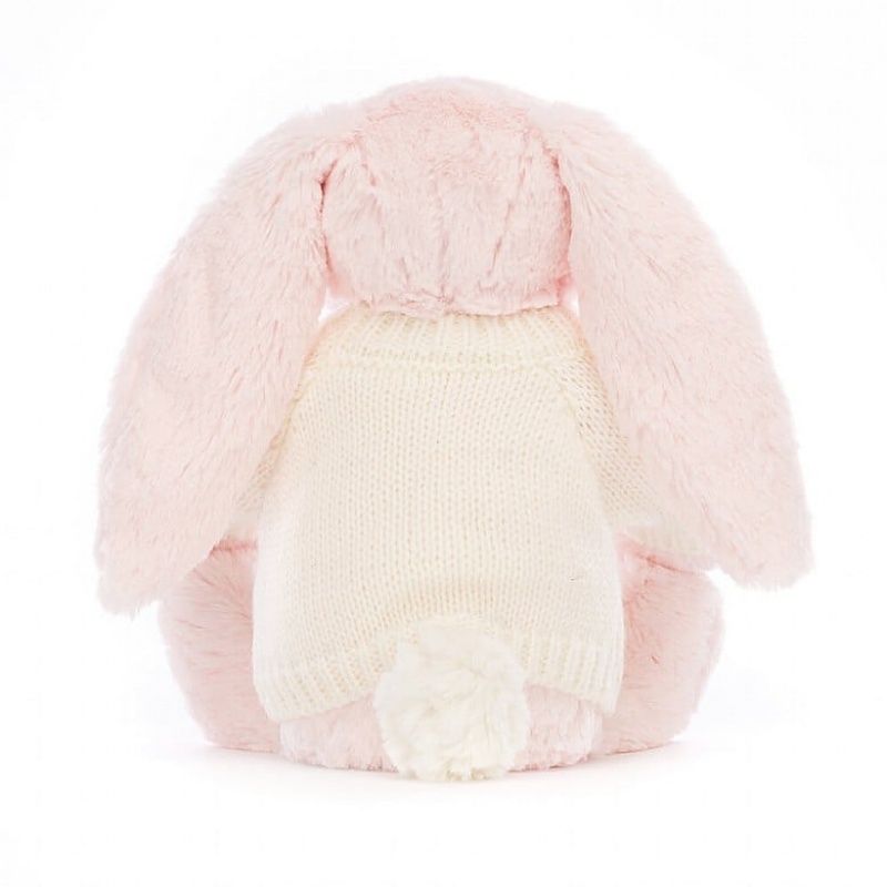 Jellycat Bashful Pink Bunny with Personalised Cream Jumper Medium | QYUJG2605